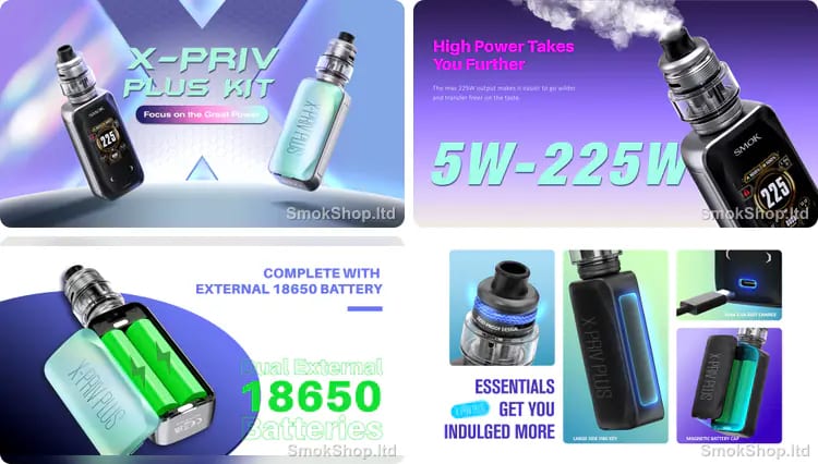 SMOK X-Priv Plus 225W kit, 5-225W güç aralığı ve çift harici 18650 pil yuvası